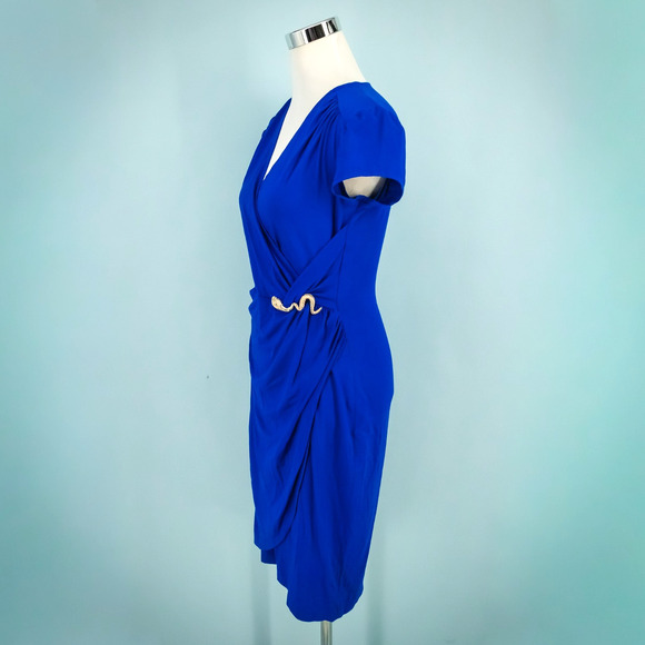 Cache Size Large L Royal Blue Gold Metal Snake Wrap V Neck Short Sleeve Dress - Picture 3 of 7